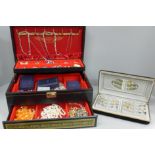 Costume jewellery including silver rings and earrings and a box of earrings, some pairs 9ct gold