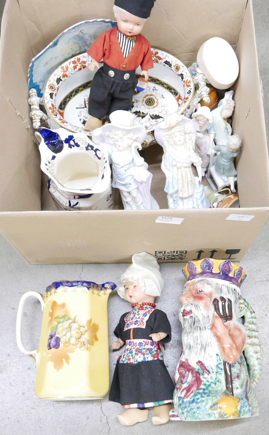 A collection of mixed china including Staffordshire, Bisque figures, China dog, Rozetta doll,