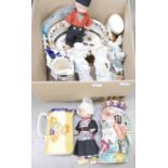 A collection of mixed china including Staffordshire, Bisque figures, China dog, Rozetta doll,