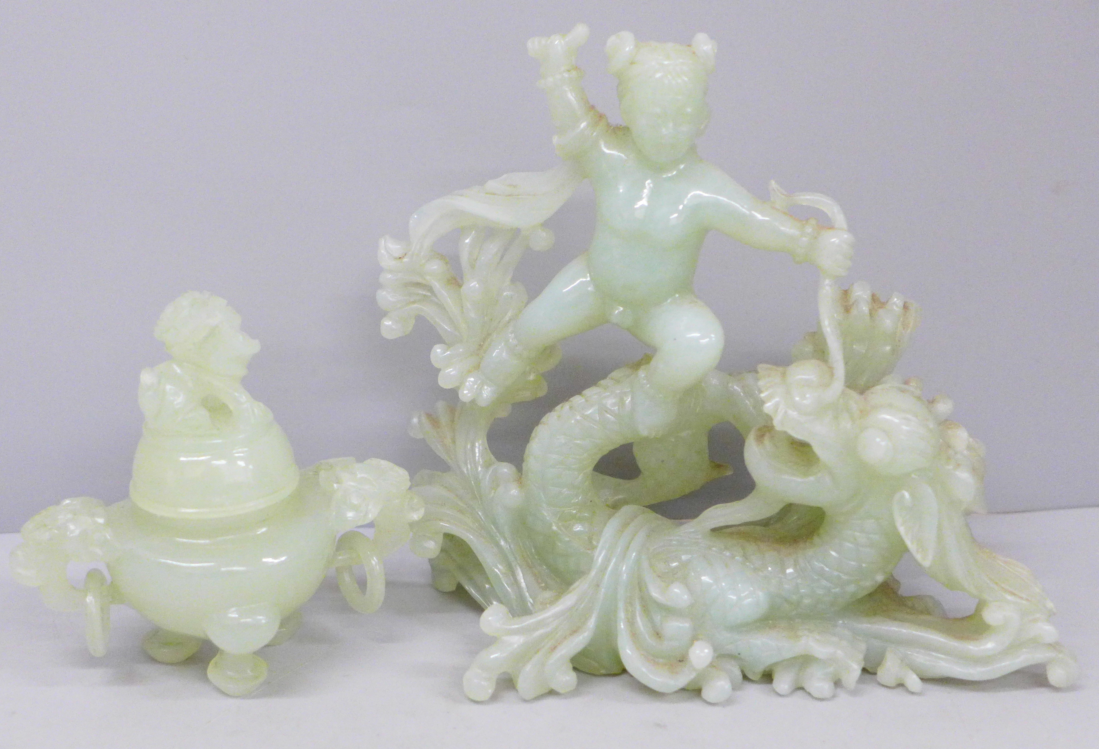 A carved jade relief of Boy with Dragon, 15.5cm tall and a carved jade incense burner with hoop