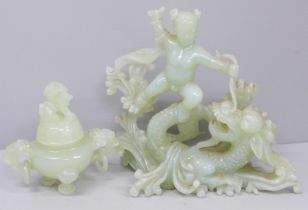 A carved jade relief of Boy with Dragon, 15.5cm tall and a carved jade incense burner with hoop