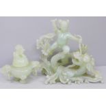 A carved jade relief of Boy with Dragon, 15.5cm tall and a carved jade incense burner with hoop