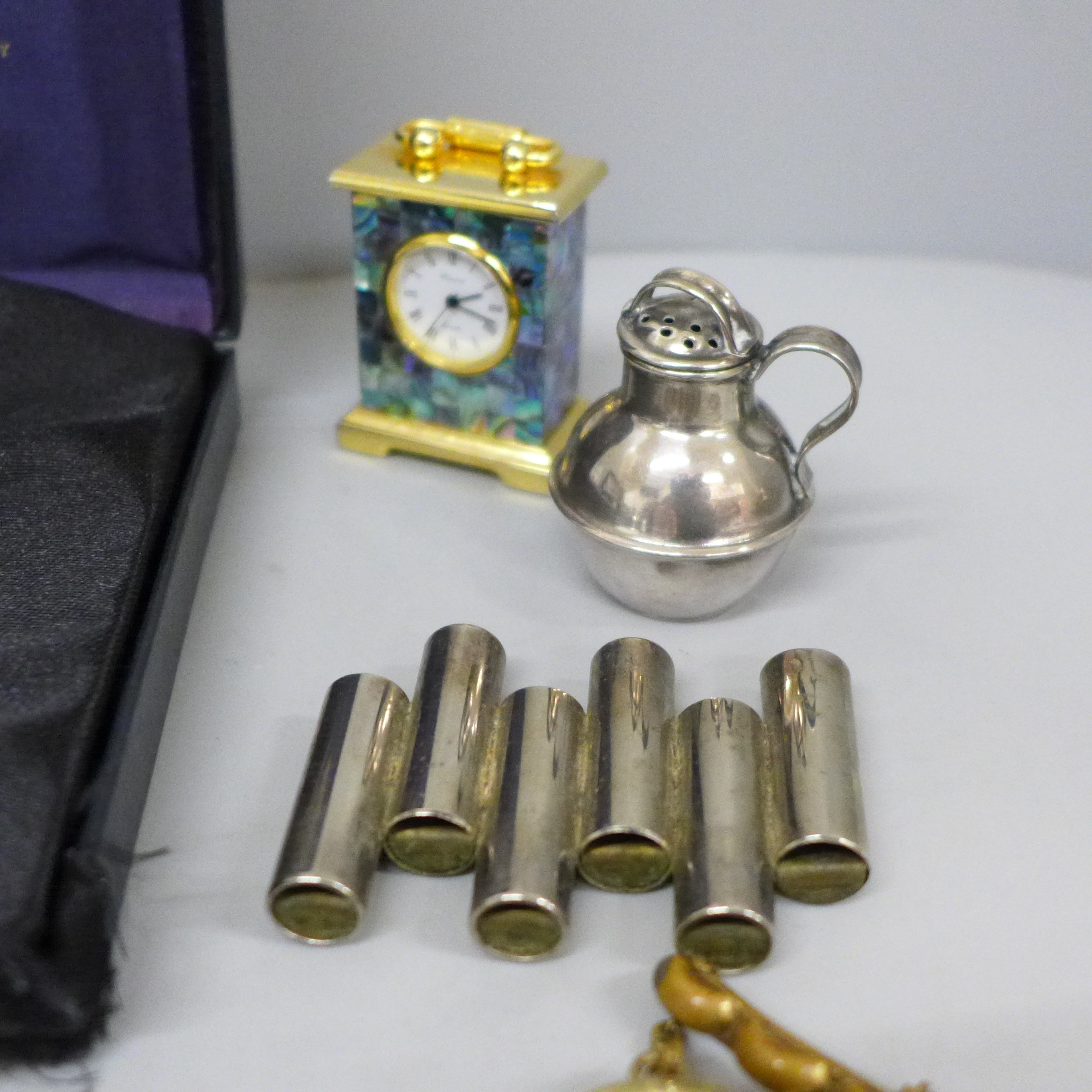 Five pocket watches, a small clock with abolone detail and a small Wedgwood Old Mrs Rabbit tea pot - Image 2 of 5