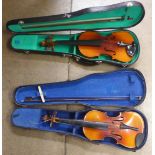 Two cased violins and bows, both backs 33.5cm approximately excluding button