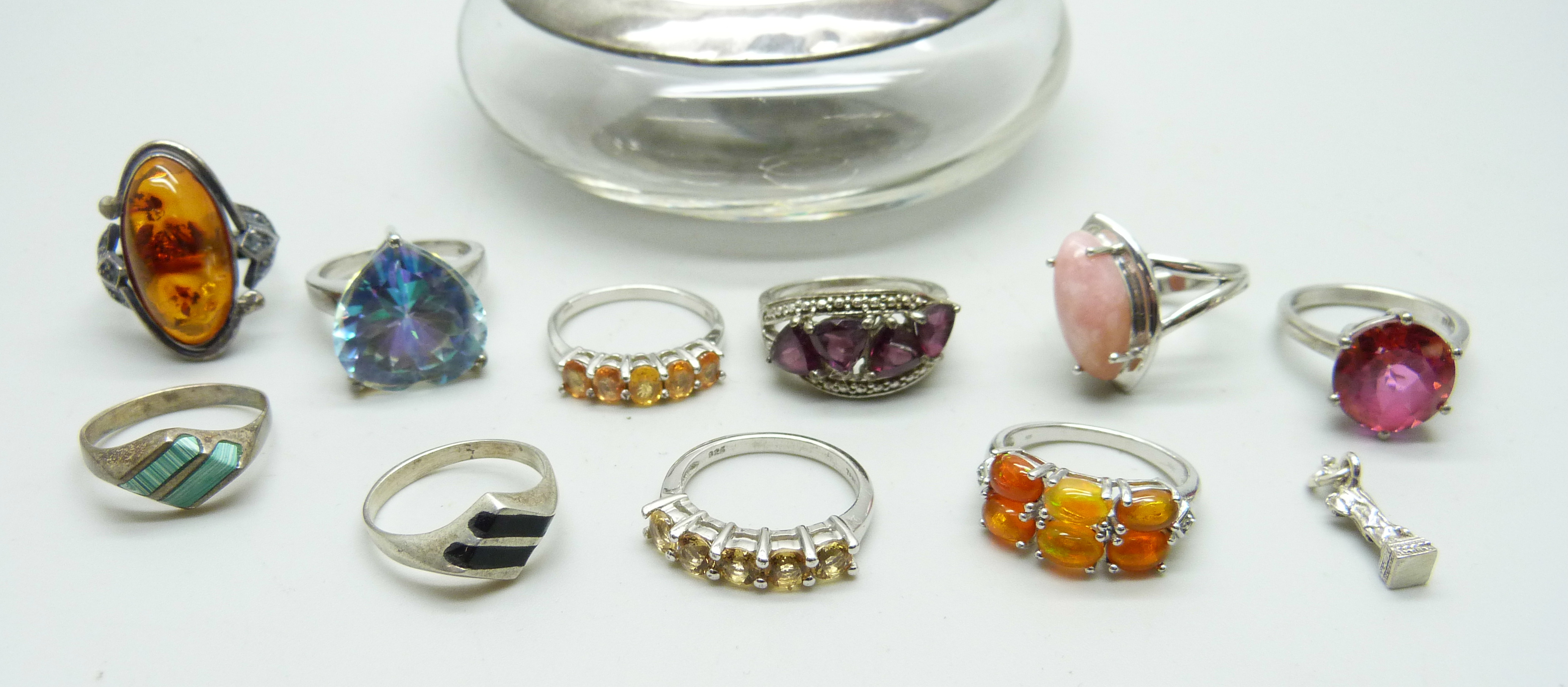 Ten silver gem set and stone set rings, a silver topped jar and a silver charm - Image 3 of 3