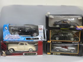 Five 1/8 scale model vehicles, Maisto, Hot Wheels, Yatming, all boxed, boxes a/f