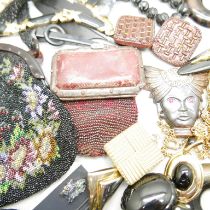 A collection of vintage costume jewellery, etc., including a Georgian miser's purse