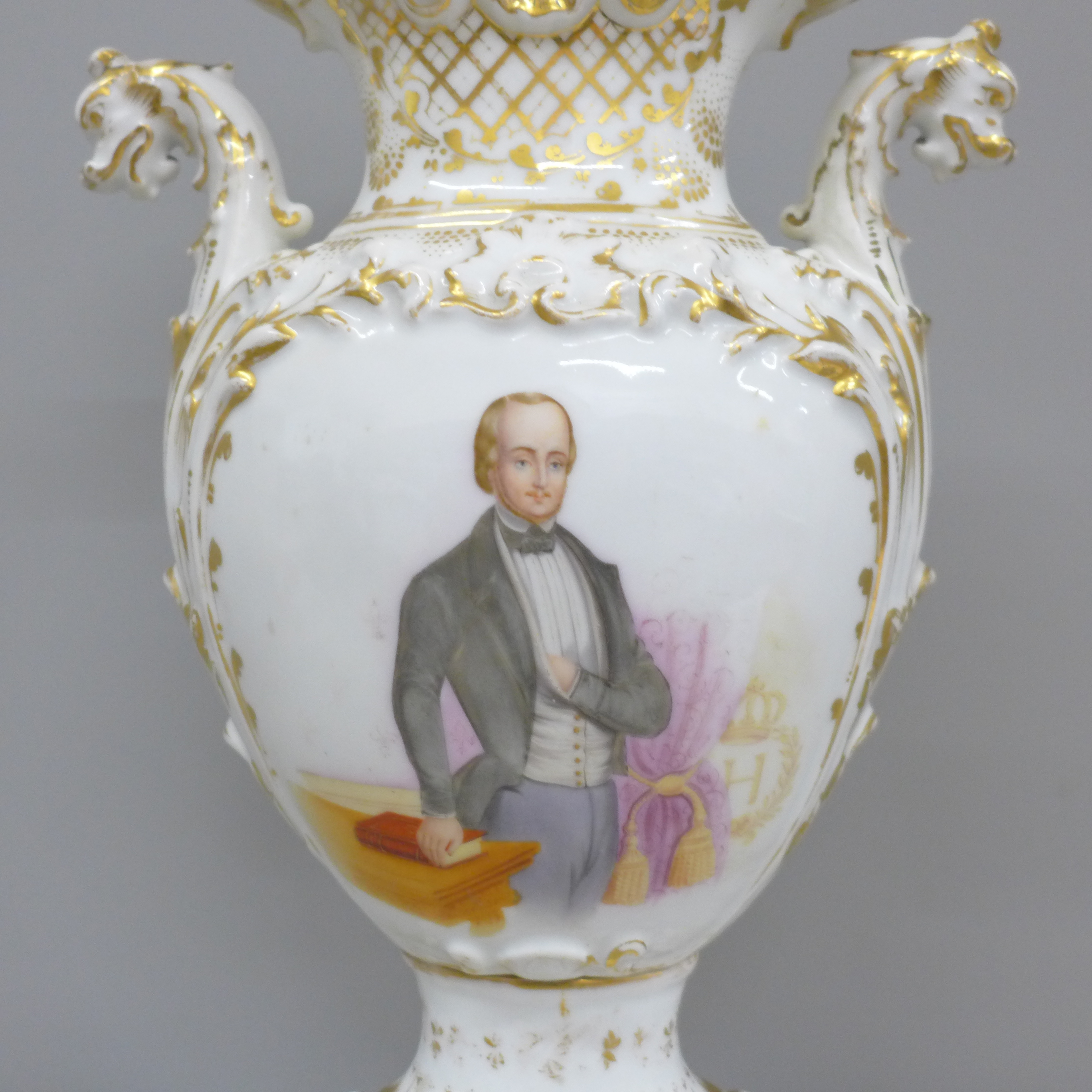 A hand painted Baroque vase, circa 1850, one side with portrait of Prince Albert and a floral - Image 2 of 5