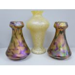 Czech glass; a pair of vases and a cream oil slick vase, pair with chips inside rim and cream vase