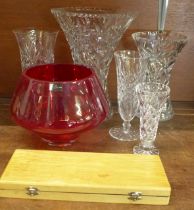 A collection of five Waterford lead crystal vases, a set of Leerdam crystal knife rests and a