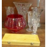 A collection of five Waterford lead crystal vases, a set of Leerdam crystal knife rests and a