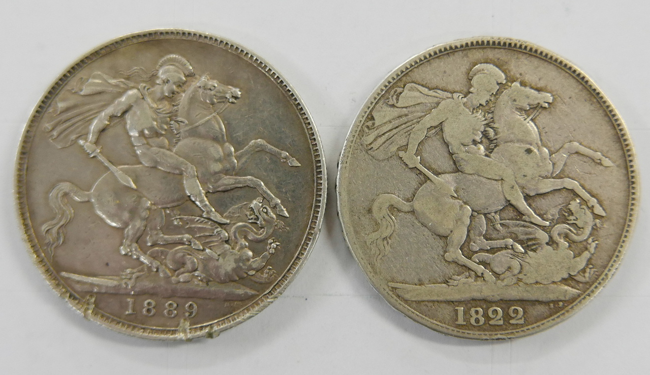 An 1822 George IV Tertio crown and an 1889 Victoria crown - Image 2 of 2