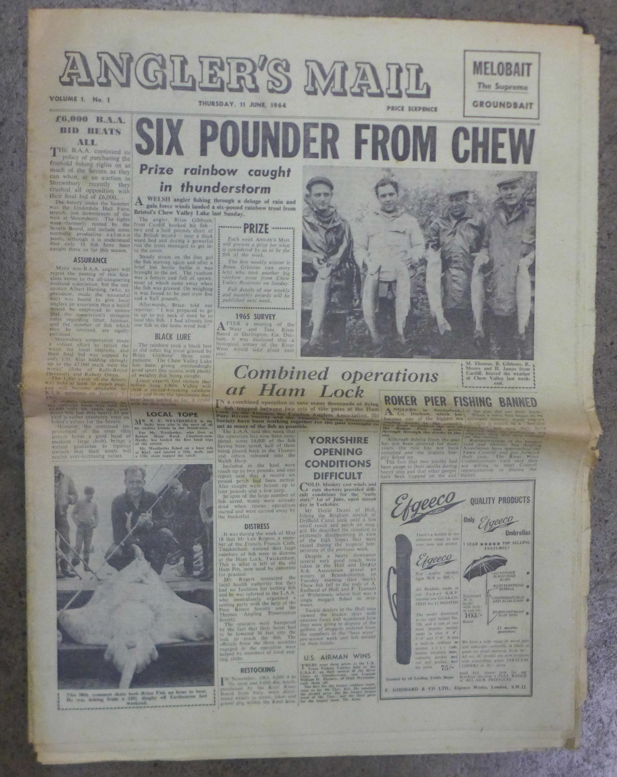 A First Edition of The Angler's Mail Newspaper, Thurs 11 June 1964 and six Editions of Fishing Fri - Image 3 of 7