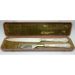 A 19th Century silver knife and fork in a fitted case, Sheffield 1835, outer box a/f