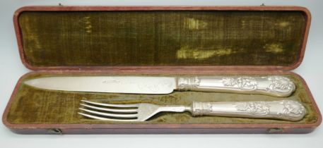 A 19th Century silver knife and fork in a fitted case, Sheffield 1835, outer box a/f