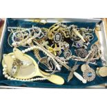 A jewellery case and costume jewellery, hand mirror, etc.