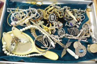 A jewellery case and costume jewellery, hand mirror, etc.