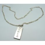 A silver ingot pendant on a silver chain, 39g, chain 59cm
