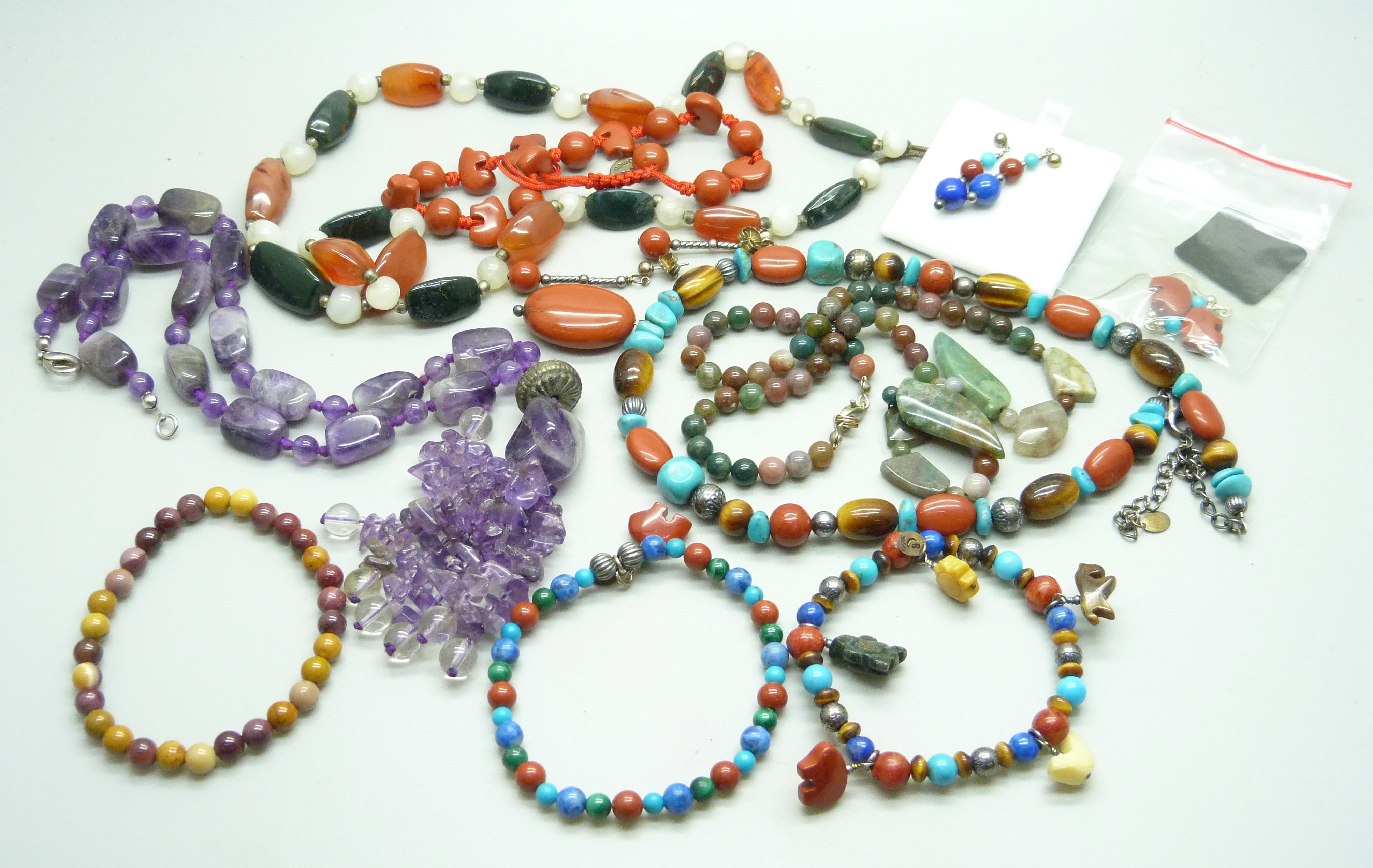 Gemstone necklaces, bracelets and earrings including turquoise, amethyst, etc.