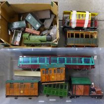 Garden railway stock including carriages and other rail items, etc. (2 boxes)