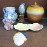 A Wedgwood ginger jar, Beswick two section dish, a Moorland Pottery face plaque, Nao figure of a