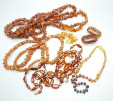 A collection of amber jewellery, two amber brooches, a child's teething amber necklace, etc