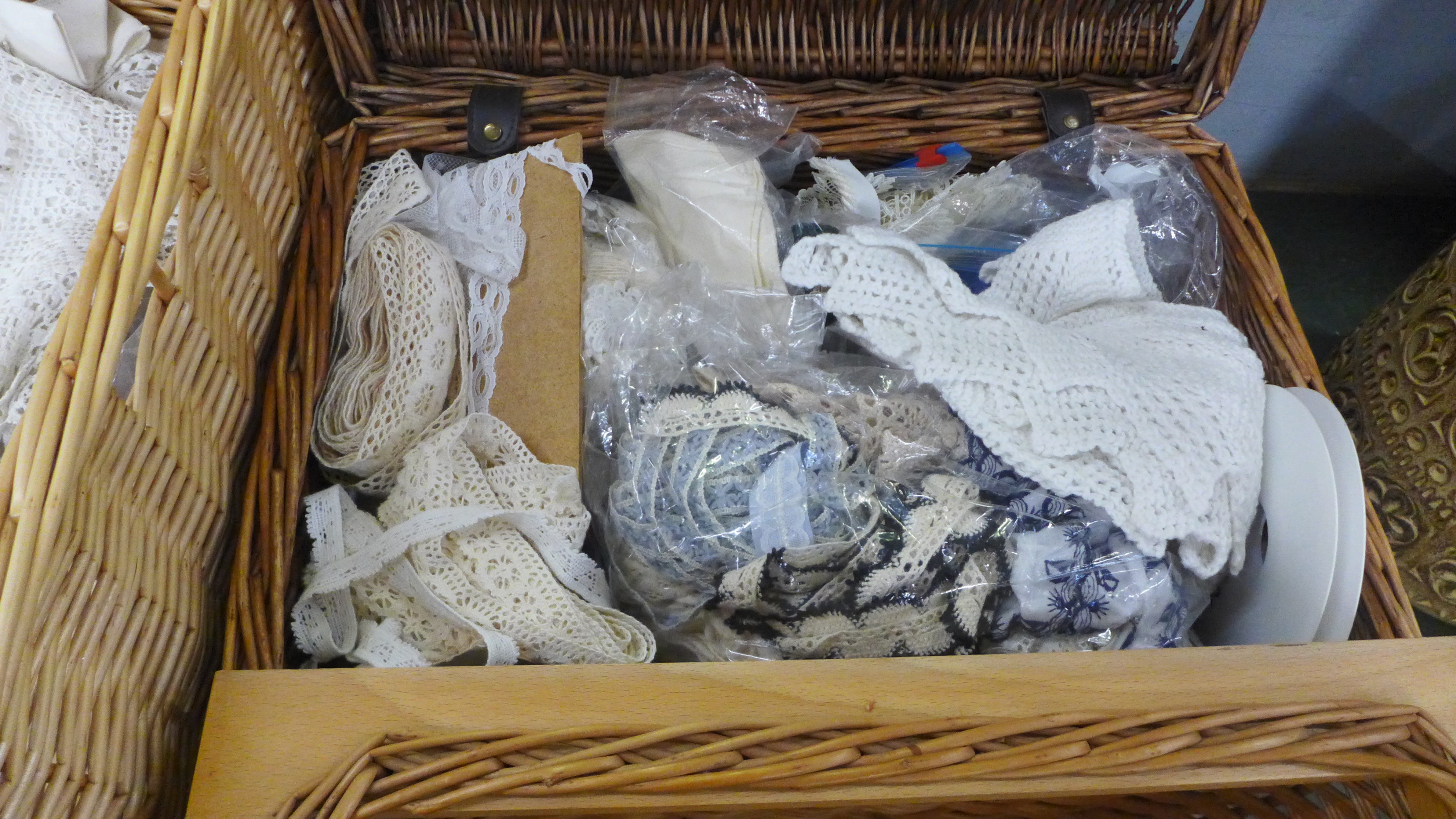 Four wicker baskets, one containing linen, one trims, lace and crochet edge, one haberdashery and - Image 3 of 4