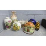 A box of mixed china, Old Foley Royal Blue ginger jar, pierced basket, one other ginger jar, vases
