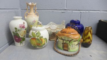A box of mixed china, Old Foley Royal Blue ginger jar, pierced basket, one other ginger jar, vases