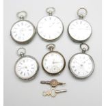 Six ladies Swiss engraved silver fob watches Circa 1910; two winding keys.