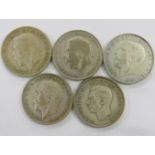Five florins/two shillings coins, 1921, 1922, 1925, 1926 and 1944