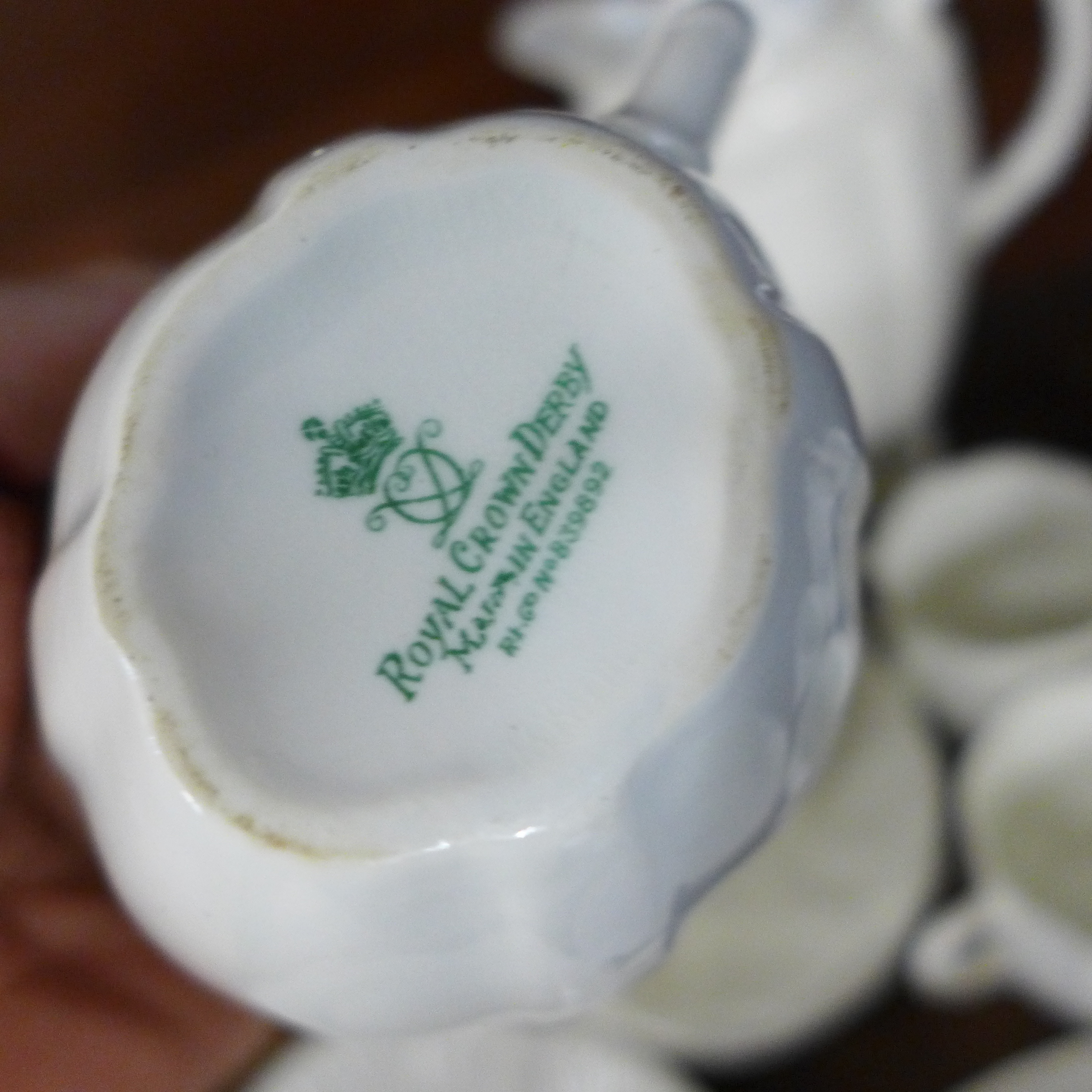 A Royal Crown Derby white four setting coffee set, two Shelley white trios and a white teapot - Image 4 of 6