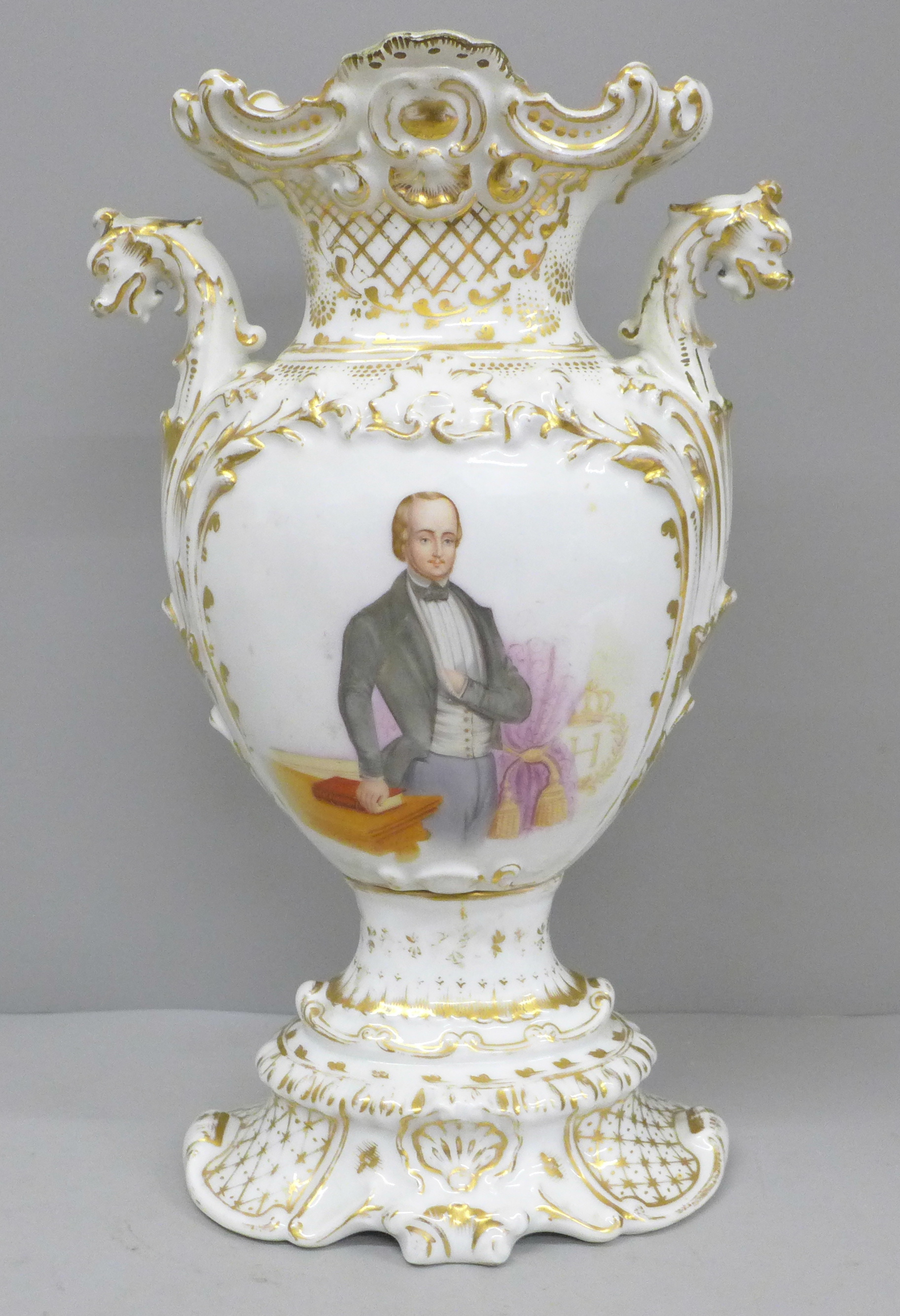 A hand painted Baroque vase, circa 1850, one side with portrait of Prince Albert and a floral