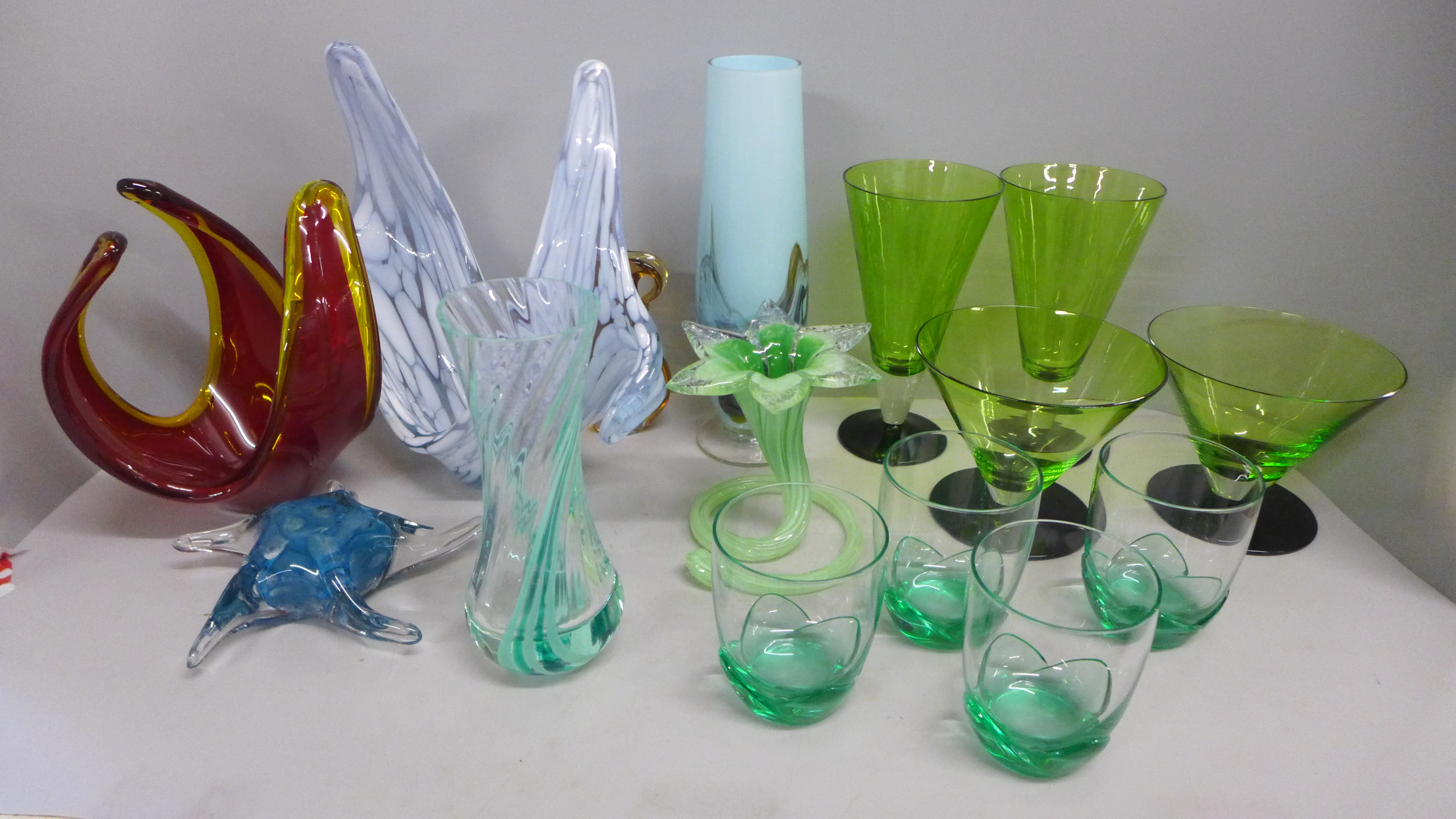 A box of mixed Studio glass, Art Deco style green and black glass cocktail glasses, vases, etc. (15)