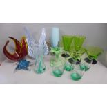 A box of mixed Studio glass, Art Deco style green and black glass cocktail glasses, vases, etc. (15)