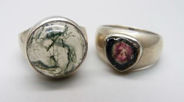 A 925 silver ring, stone a/f, and a moss agate set ring, S and P