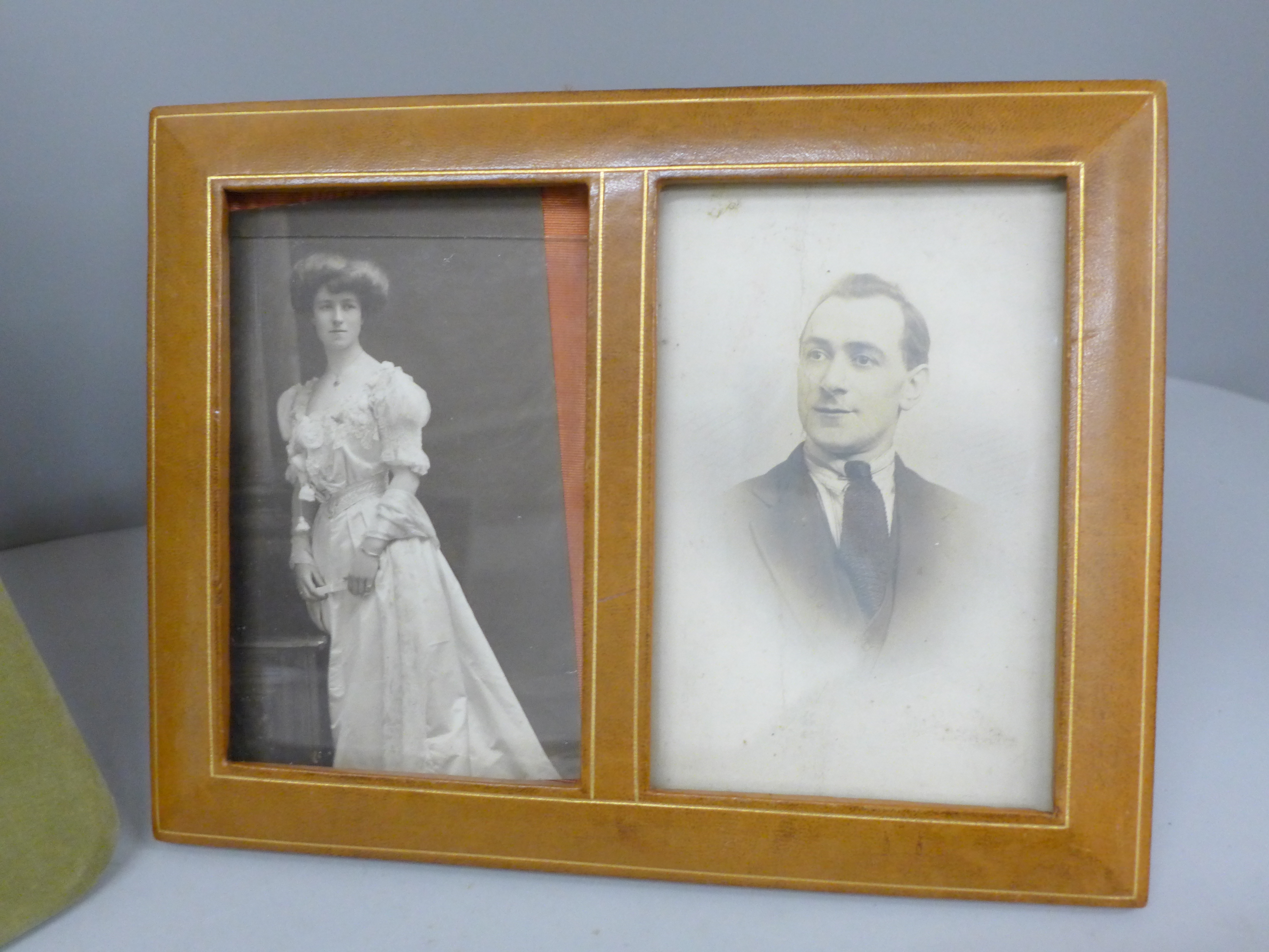 An Edwardian dried flower display under a convex glass with silk photograph frame and a double - Image 2 of 3