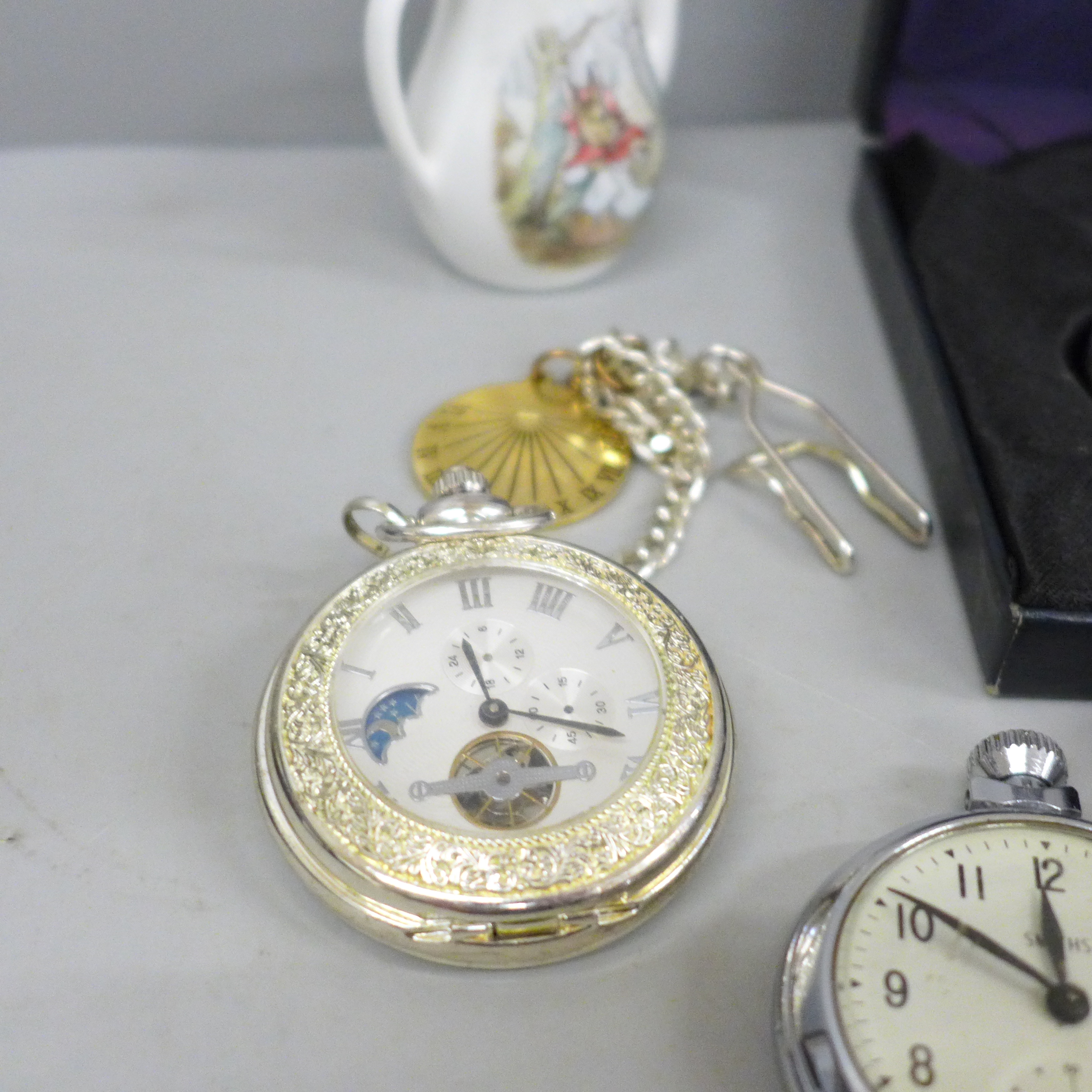 Five pocket watches, a small clock with abolone detail and a small Wedgwood Old Mrs Rabbit tea pot - Image 4 of 5