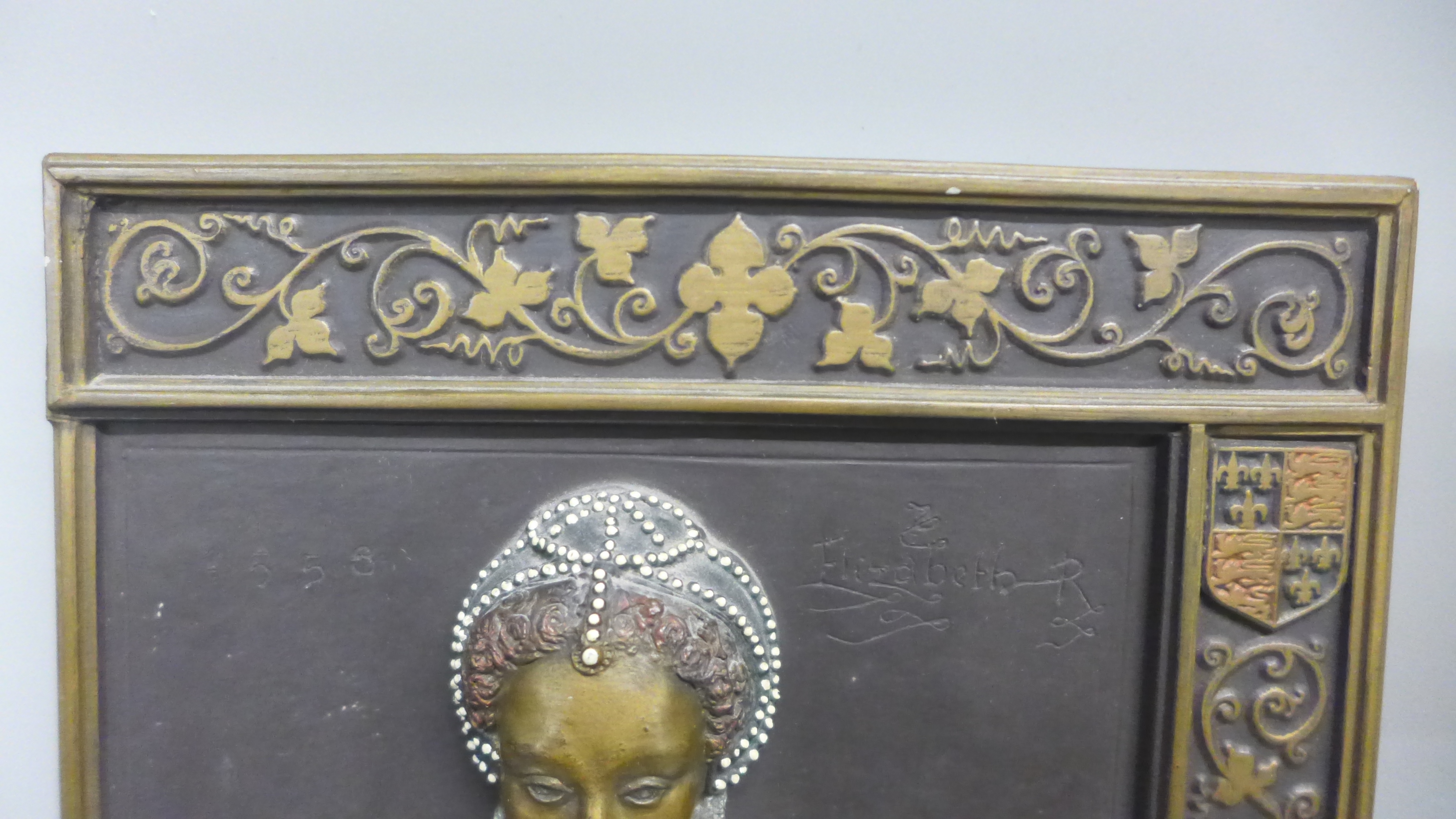 A pair of Marcus designs plaques, King Henry VIII and Elizabeth I, a/f chip to corner of Henry VIII - Image 6 of 6