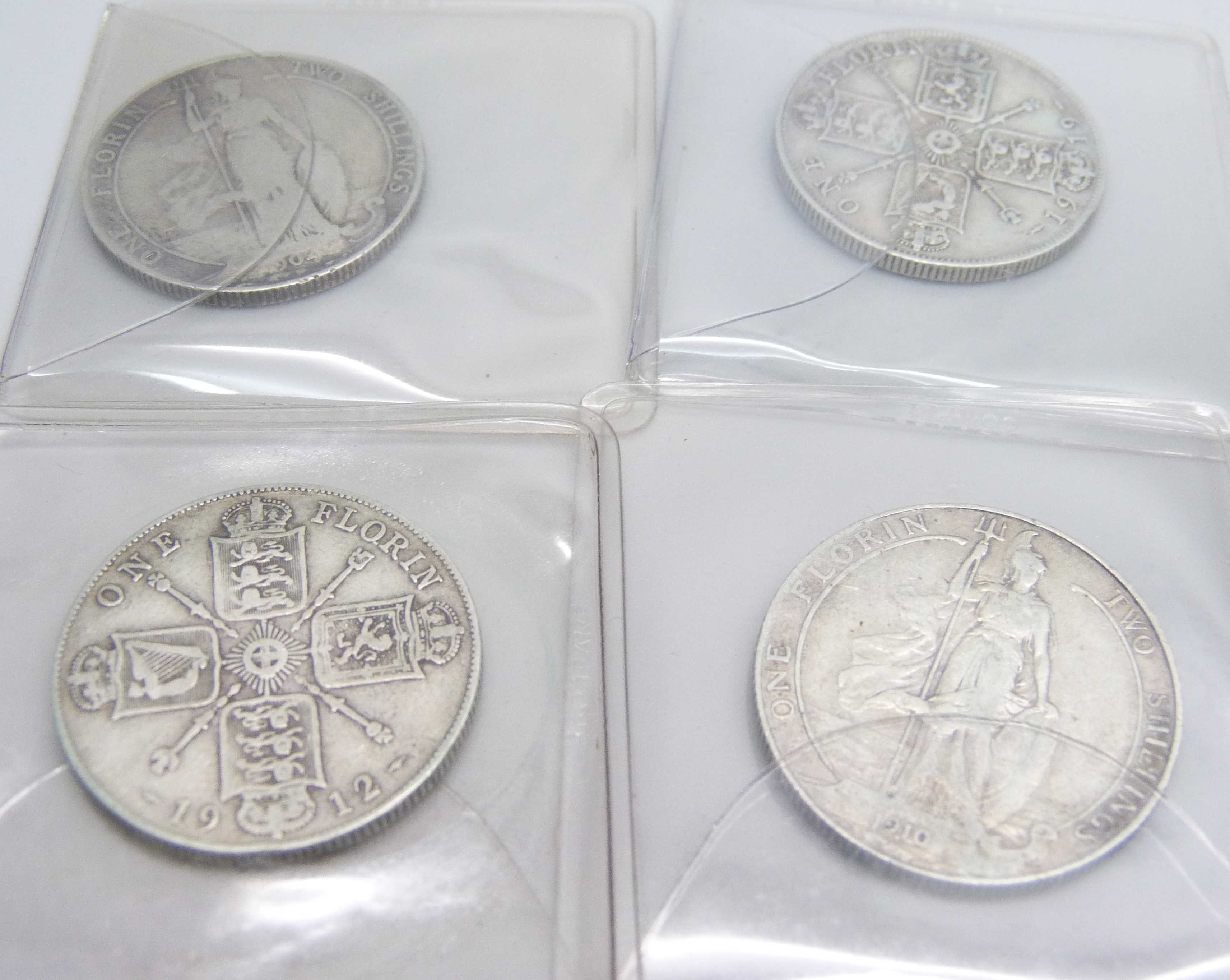Four florin coins, 1904, 1910, 1912 and 1919