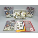 Three I.O.M. Official 1982 World Cup crowns, a NZ 1969 Souvenir coin set, two other crowns, a