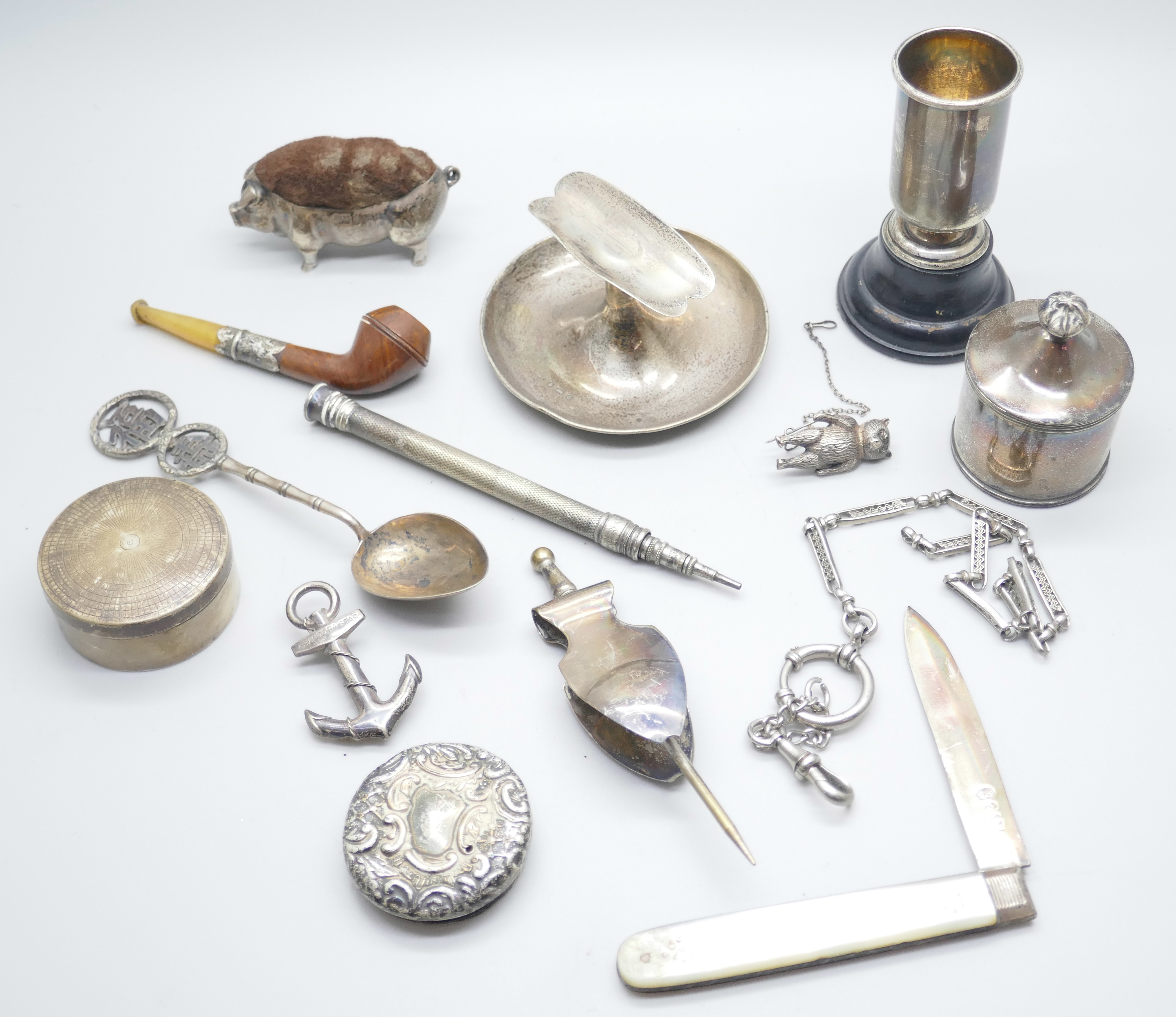 A collection of silver, etc.; including silver pig pin cushion, Birmingham 1905, silver cigar - Image 2 of 8