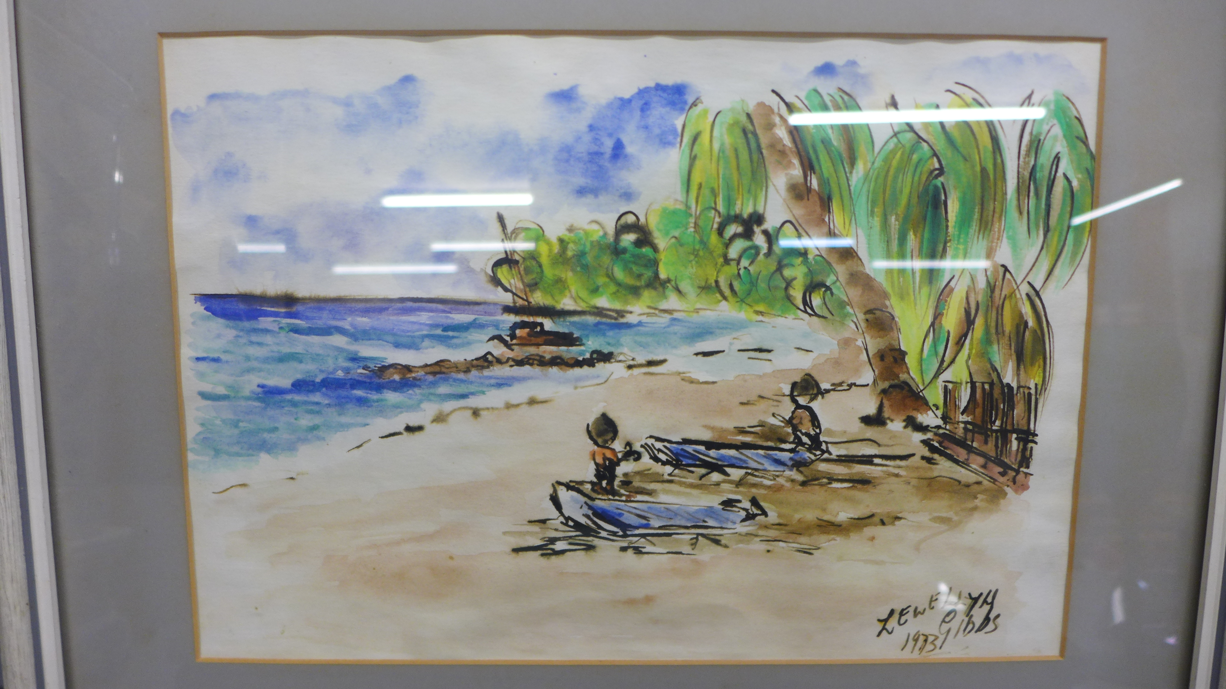 A pen and ink watercolour of a beach scene. A pair of Sylvester Stannard rural landscapes prints. - Image 13 of 15