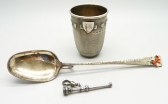 A novelty Victorian silver 'Just a Thimble Full' shot cup with applied shield with initials,