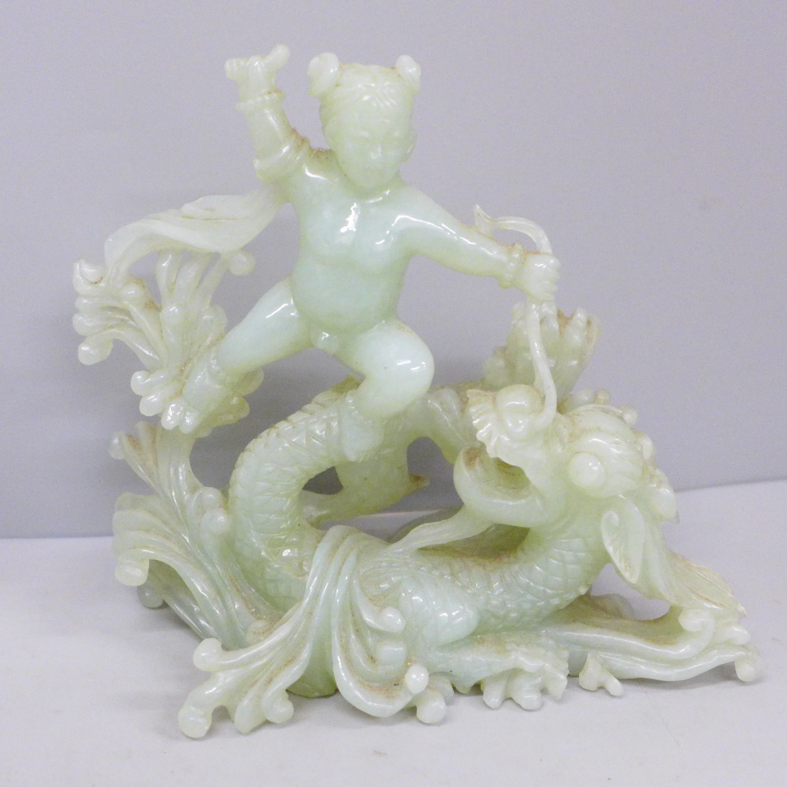 A carved jade relief of Boy with Dragon, 15.5cm tall and a carved jade incense burner with hoop - Image 3 of 5