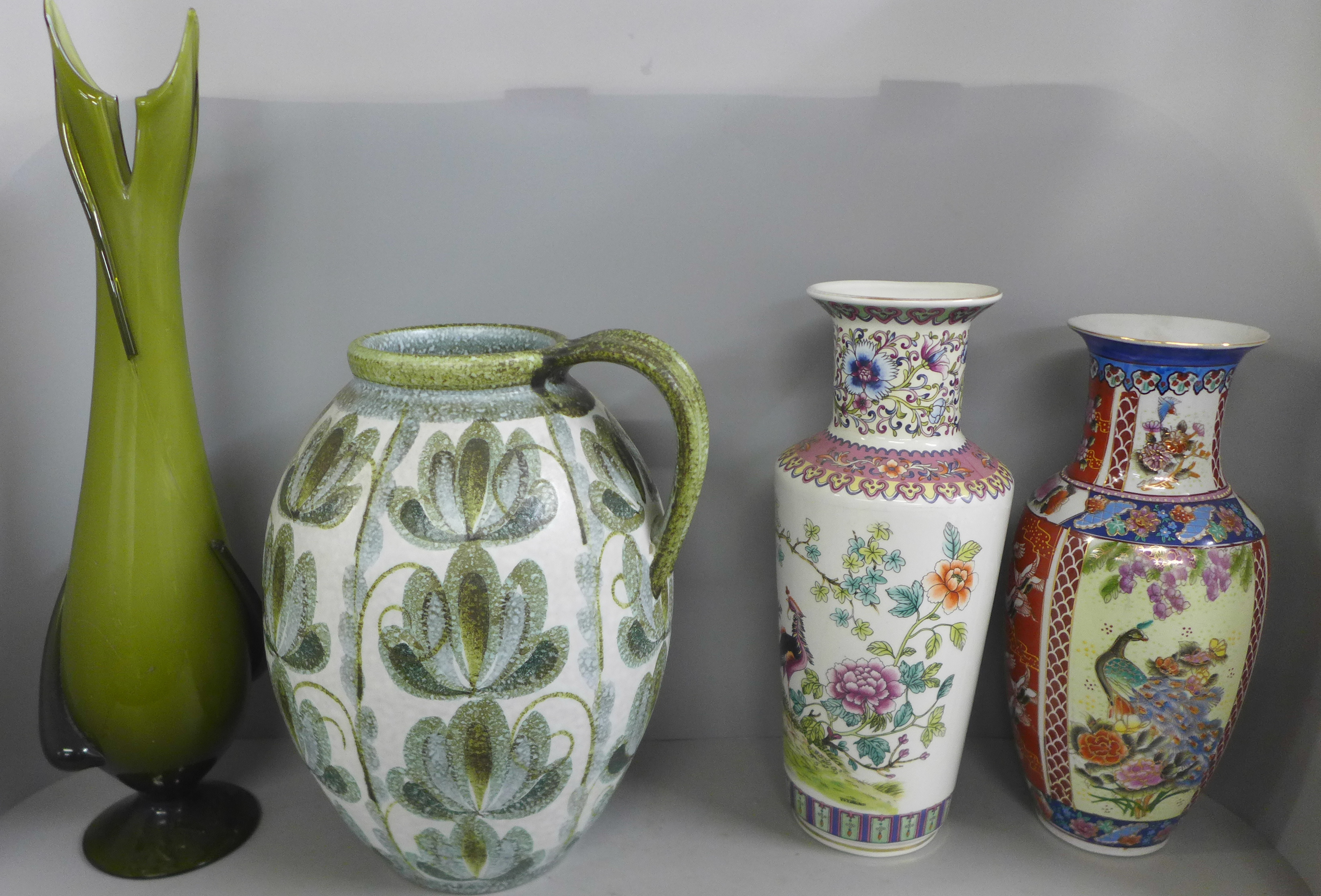 A large Denby Glyn Colledge ewer, two Oriental vases and a green glass vase, vase a/f