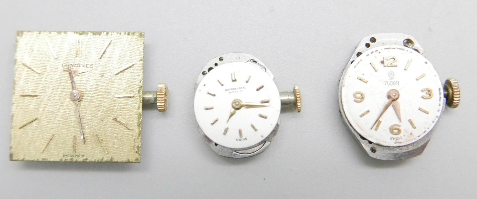 Three lady's wristwatch movements; International Watch Co., Tudor by Rolex and Longines - Image 2 of 6