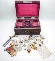 A vintage jewellery box, with a collection of cufflinks, coins, 1977 Silver Jubilee bracelet a/f,