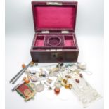 A vintage jewellery box, with a collection of cufflinks, coins, 1977 Silver Jubilee bracelet a/f,