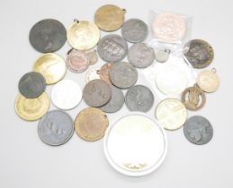 A mixed lot of early copper coins and medallions; 1/2 penny 1786, Queen Elizabeth Coronation
